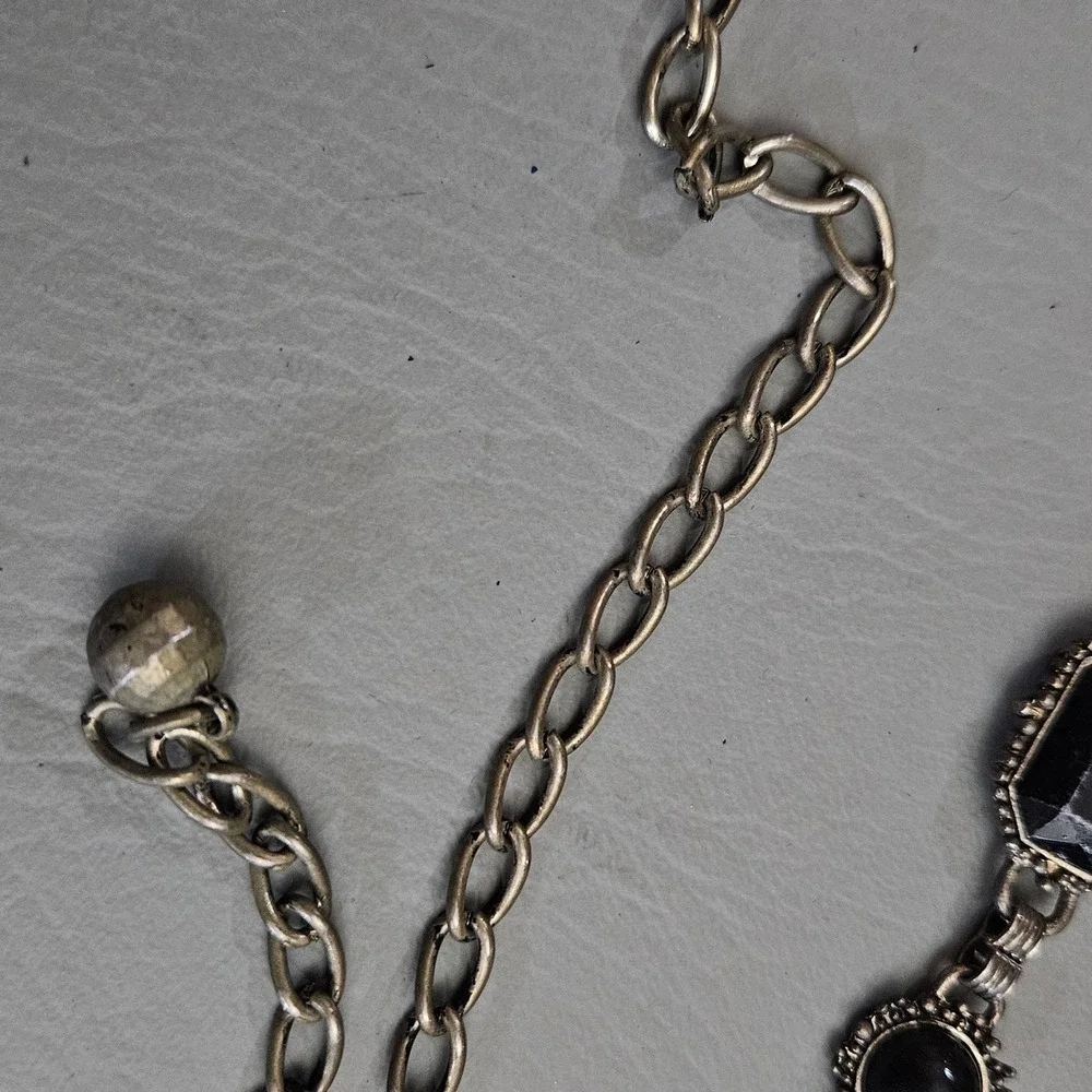 Vintage Style Black Stone Chain Belt Antiqued Silver Tone Adjustable Goth Boho